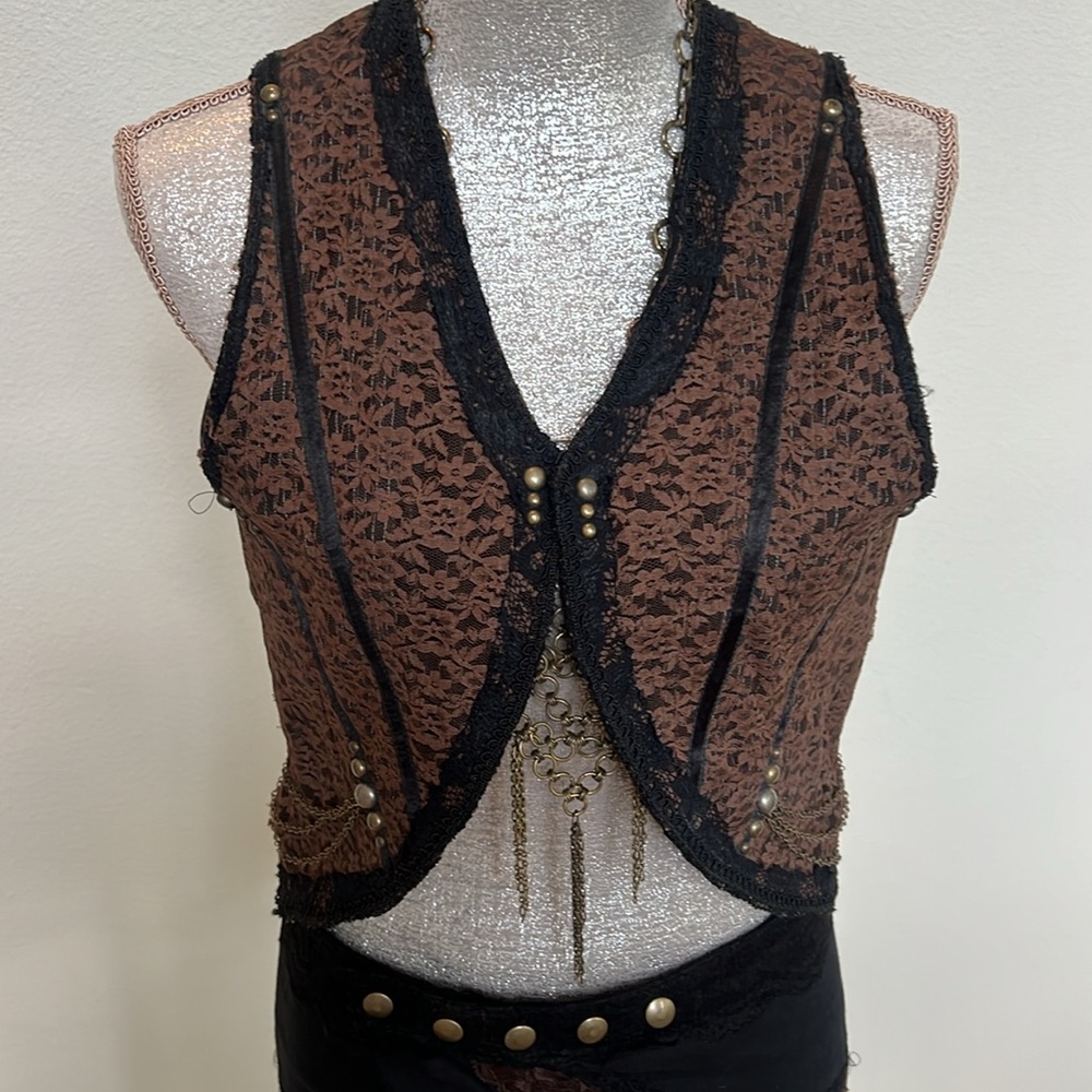 Sq Brown Lace Vest Plush Black Satin Cushioned Lining. Intricate Detail (unisex)